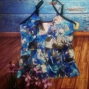 Tropical Escape Missy Size 14 Blue Floral Spaghetti' Strap tankini Top